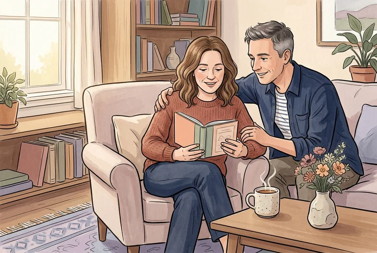Именинница с улыбкой читает подаренную самодельную книгу историй рядом с близким человеком