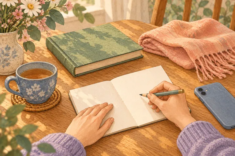 На столе чашка, книга и шарф; рядом руки с карандашом над раскрытым блокнотом и телефон экраном вниз.