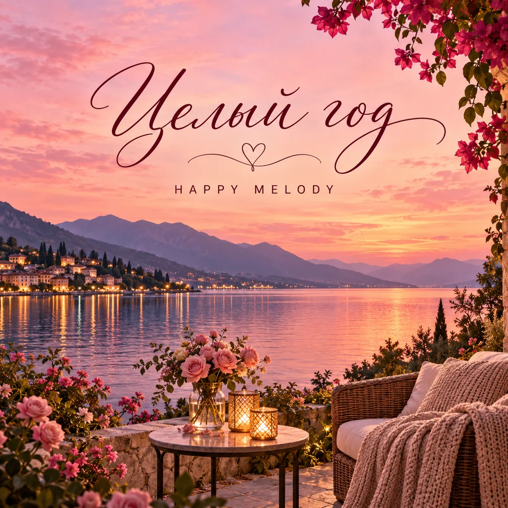 Обложка «Целый год» — Happy Melody: розовый закат у озера, цветы и свечи на террасе